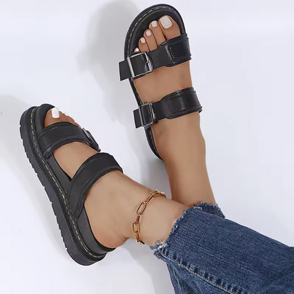 Women’s Fashion PU Leather Mid-Heel Sandals with Buckle Strap – Summer Beach Casual Shoes