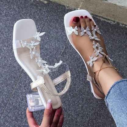 Women’s Flower Rhinestone Block Heel Sandals – Elegant PU Dress Shoes