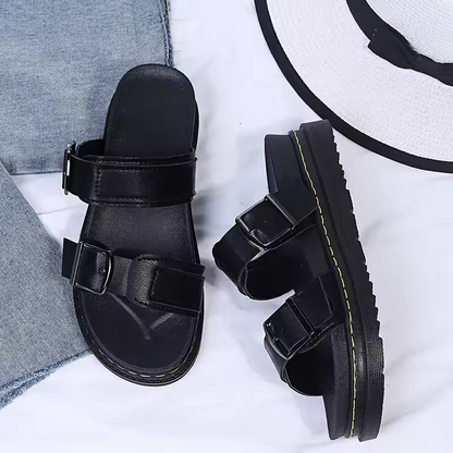 Women’s Fashion PU Leather Mid-Heel Sandals with Buckle Strap – Summer Beach Casual Shoes