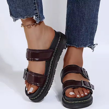 Women’s Fashion PU Leather Mid-Heel Sandals with Buckle Strap – Summer Beach Casual Shoes