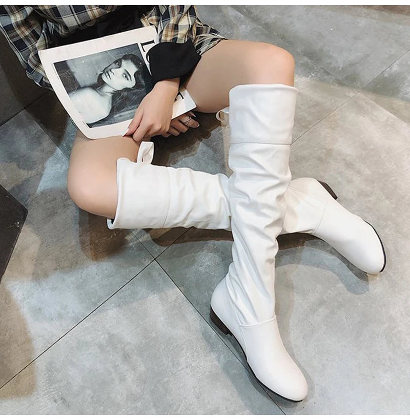 Women's Knee-High Pleated Leather Boots – Low Heel Tall Boots in Red, Black & White