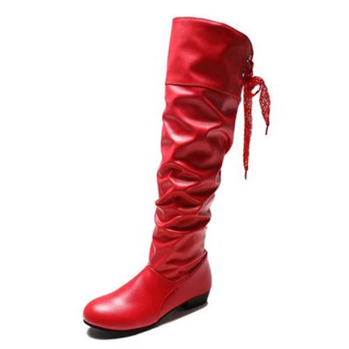 Women's Knee-High Pleated Leather Boots – Low Heel Tall Boots in Red, Black & White