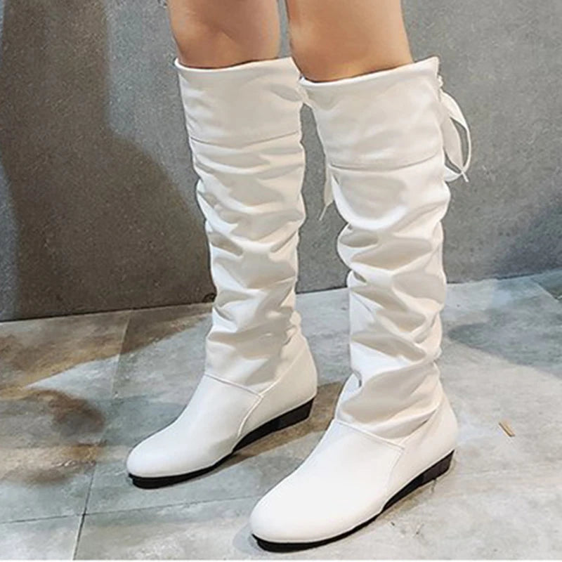 Women's Knee-High Pleated Leather Boots – Low Heel Tall Boots in Red, Black & White