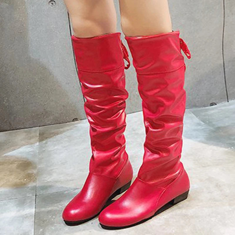 Women's Knee-High Pleated Leather Boots – Low Heel Tall Boots in Red, Black & White