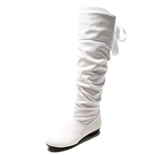 Women's Knee-High Pleated Leather Boots – Low Heel Tall Boots in Red, Black & White