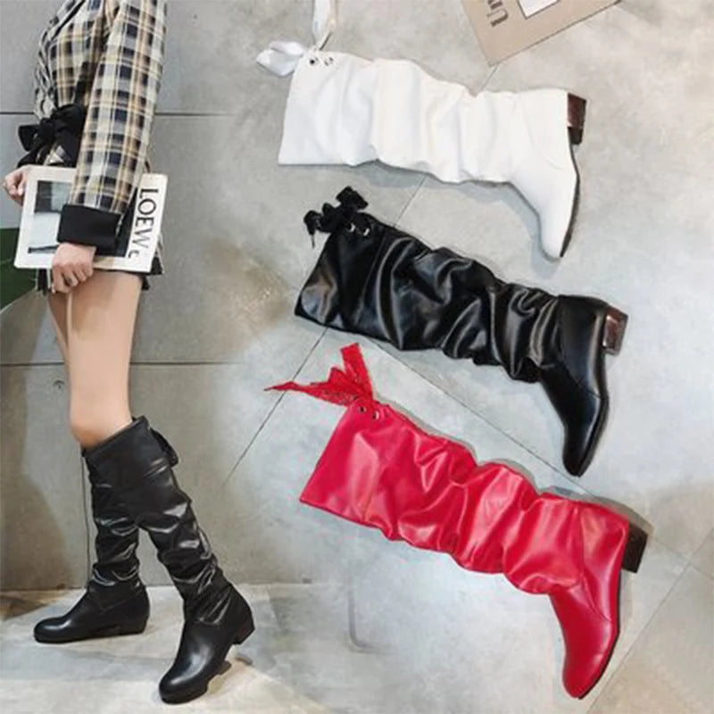 Women's Knee-High Pleated Leather Boots – Low Heel Tall Boots in Red, Black & White