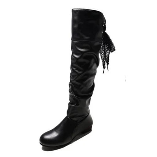 Women's Knee-High Pleated Leather Boots – Low Heel Tall Boots in Red, Black & White